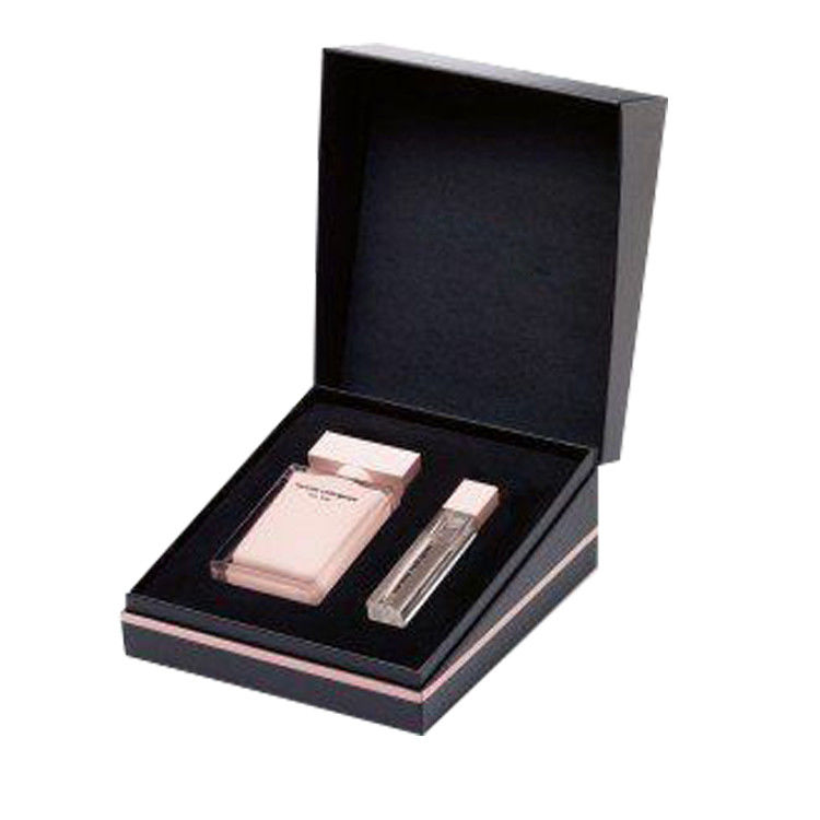 Scatole di profumi rosa e nero per regalo personalizzato con coperchi magnetici e nastro