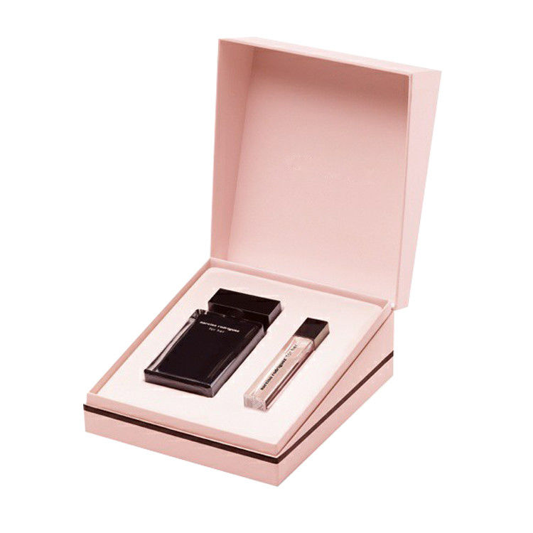 Scatole di profumi rosa e nero per regalo personalizzato con coperchi magnetici e nastro