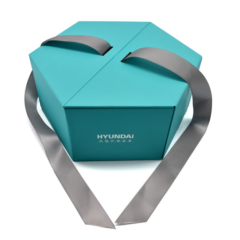 Scatola regalo magnetica esagonale verde con nastro e schiuma inserire foglio di stampa superficie cartone rigido