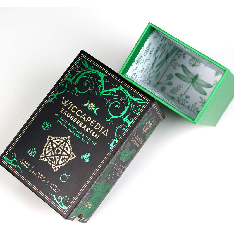 Imballaggio in carta rigida scorrevole con vassoio e timbro in foglio verde per carte magiche