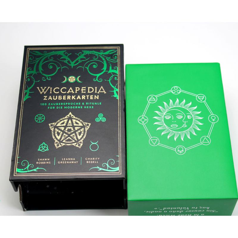 Imballaggio in carta rigida scorrevole con vassoio e timbro in foglio verde per carte magiche