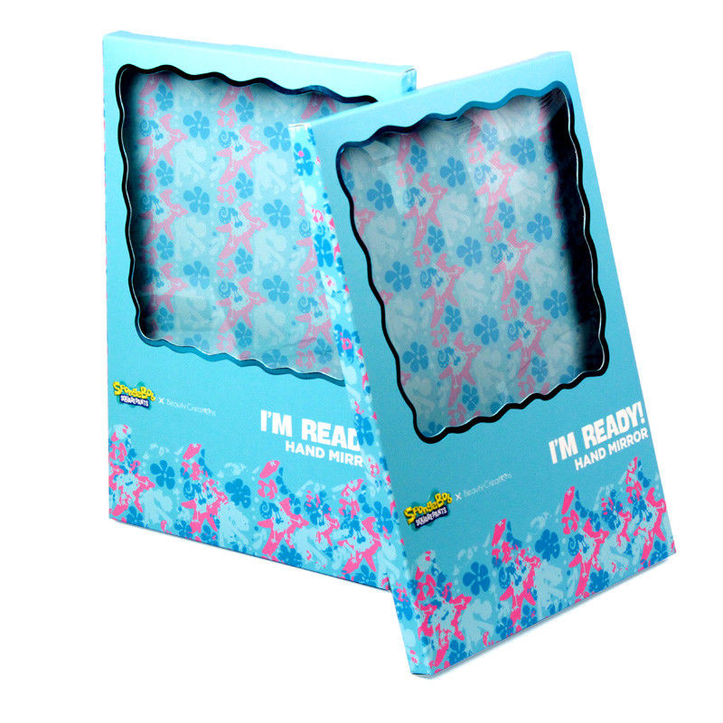 Imballaggio in scatola regalo in carta blu personalizzata con finestra trasparente per specchi cosmetici
