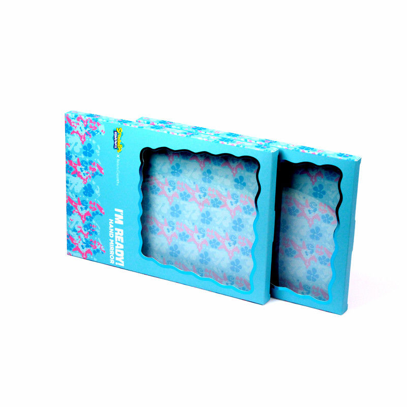 Imballaggio in scatola regalo in carta blu personalizzata con finestra trasparente per specchi cosmetici