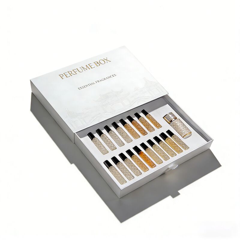 Scatola per profumi in stile cassetto con logo personalizzato e materiali ecologici per il confezionamento di campioni di fragranze di lusso