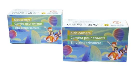 Scatola di imballaggio in cartone per fotocamere portatili per bambini con logo personalizzato di colore viola brillante